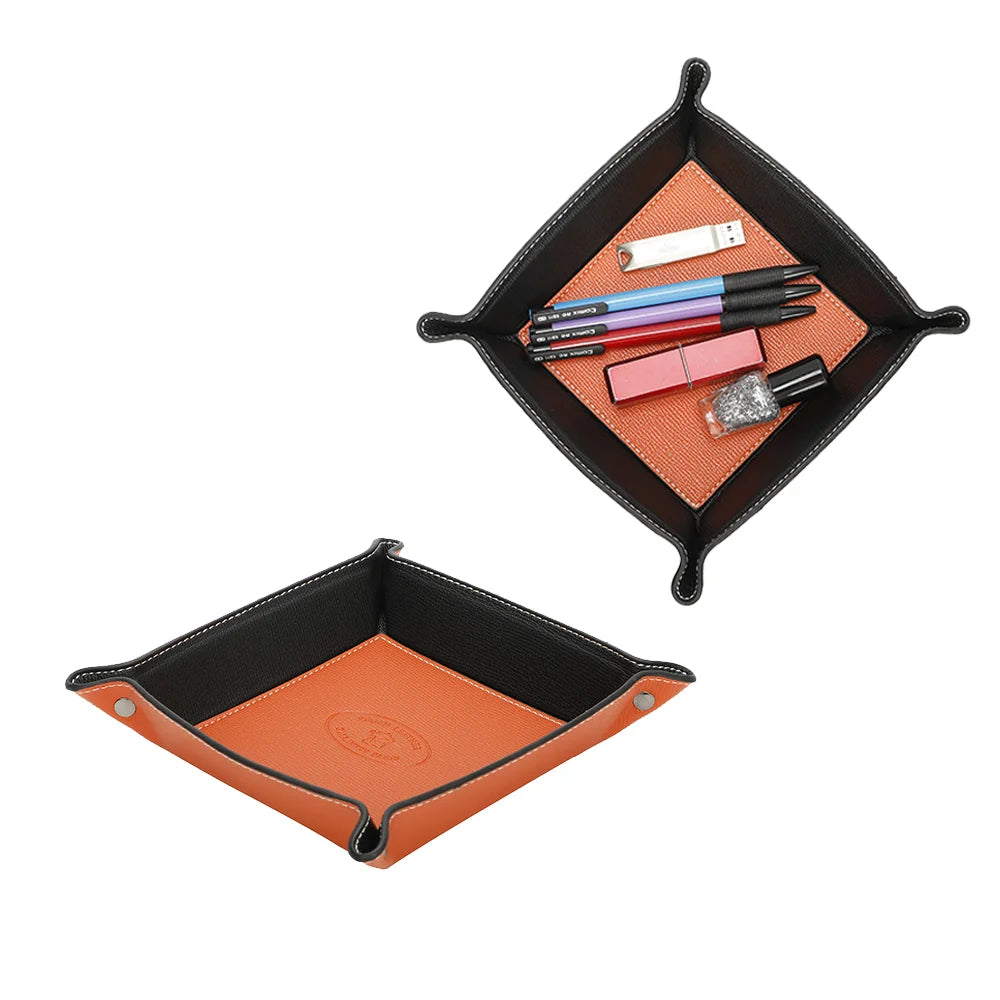 Vide-poche Vegan orange garni de stylos, d’une clé USB et d’un rouge à lèvres, bords repliables à pressions – réf. R-1703