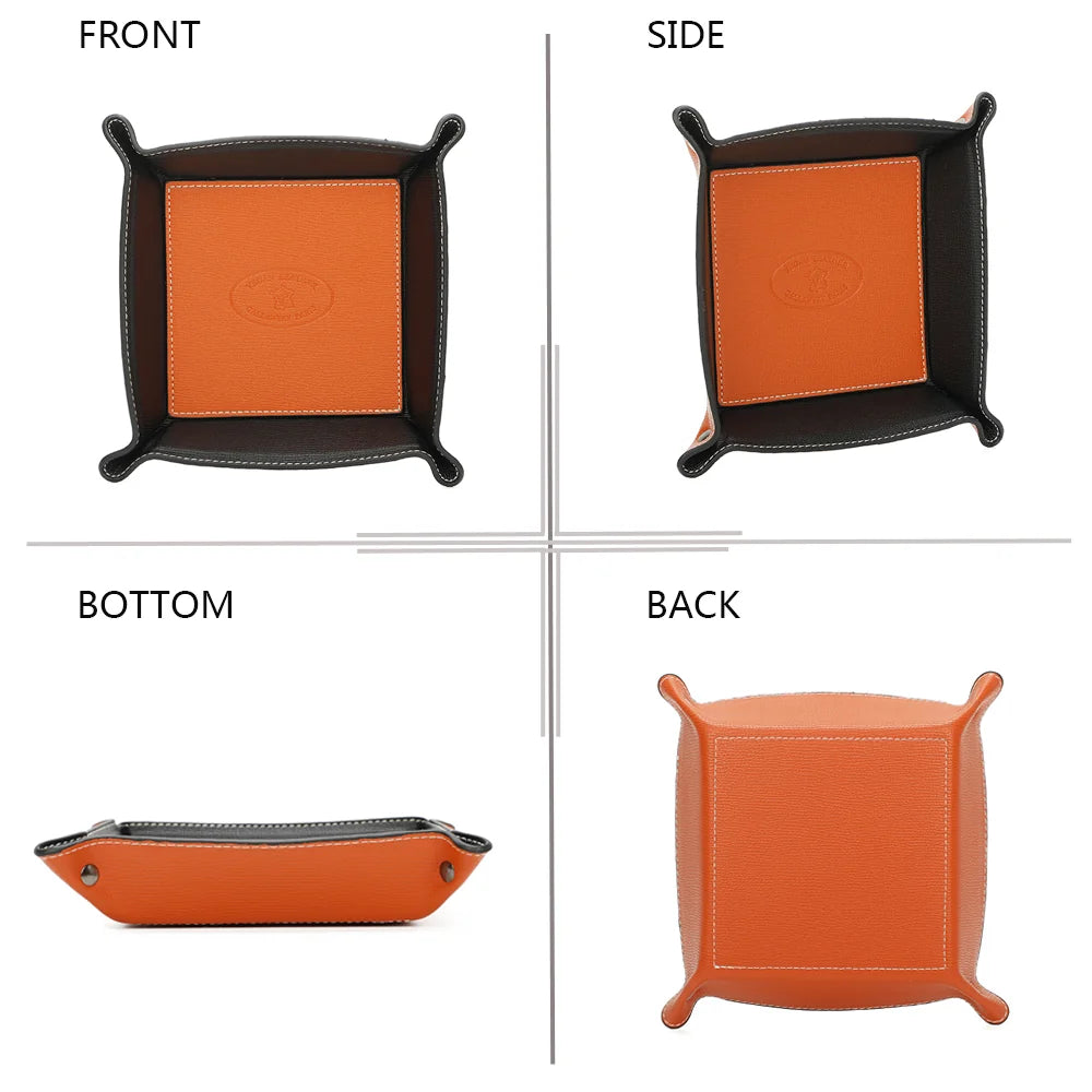 Vide-poche Vegan orange sous quatre angles : face, profil, dessous et dos pour voir chaque finition – réf. R-1703