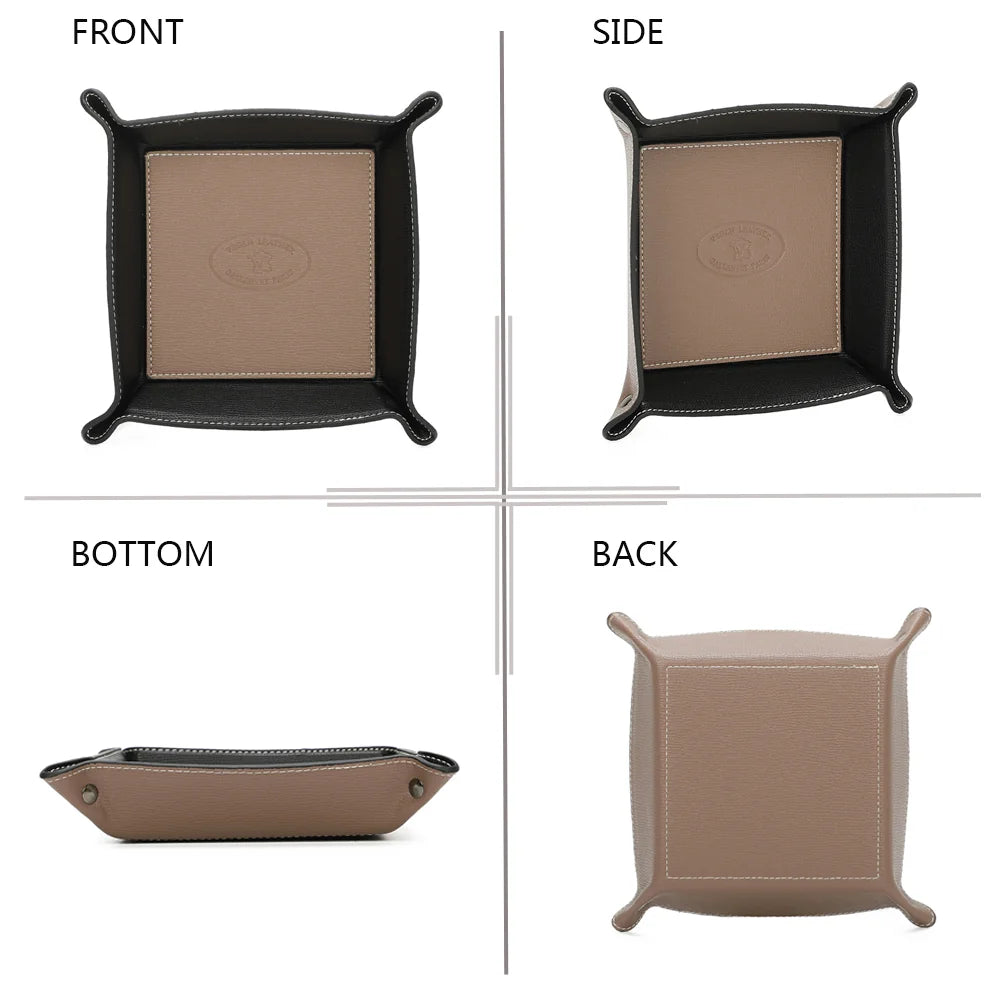 Vide-poche Vegan taupe sous quatre angles : face, profil, dessous et dos pour voir chaque finition – réf. R-1703