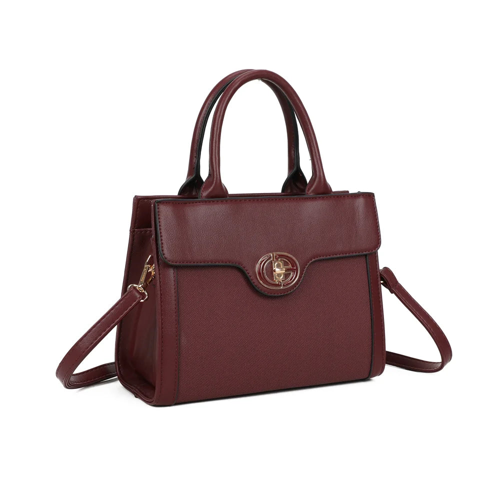 Vionna bordeaux vu de trois quarts : lignes droites, rabat avant et anses arrondies – réf. HY-5454