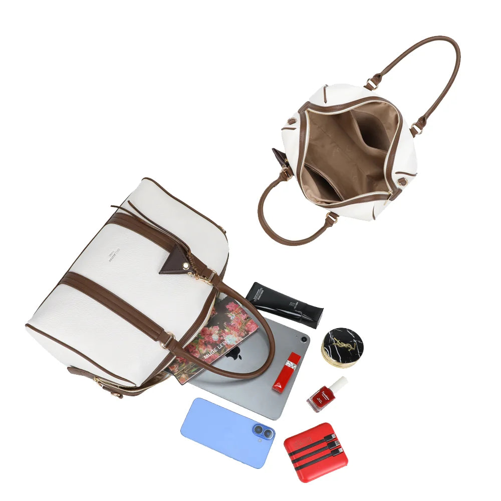 Weekender beige/coffee ouvert : grand compartiment zippé pour emporter tous vos essentiels – réf. OS-51002